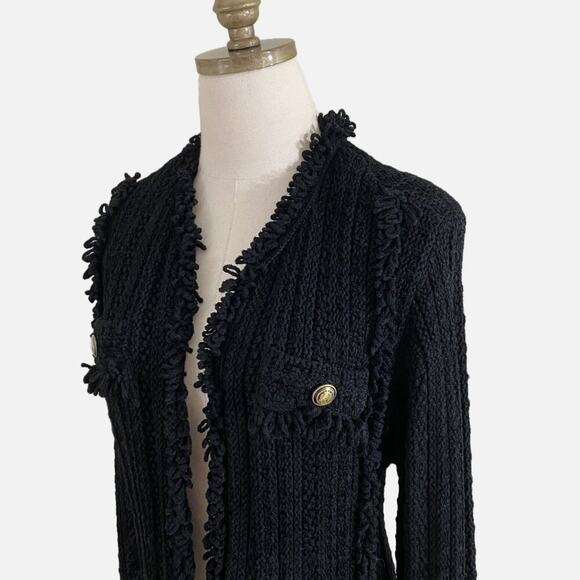 LINI Black Boucle Knit Cardigan Silk Blend Size Small Open Front Pockets Fringe - Picture 3 of 10